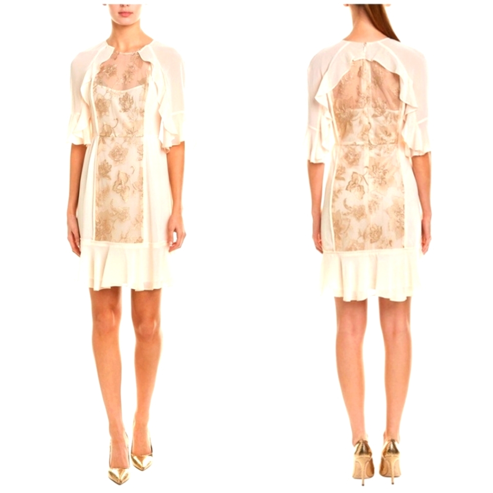 BCBG Max Azria, Floral Embroidered Cream and Gold